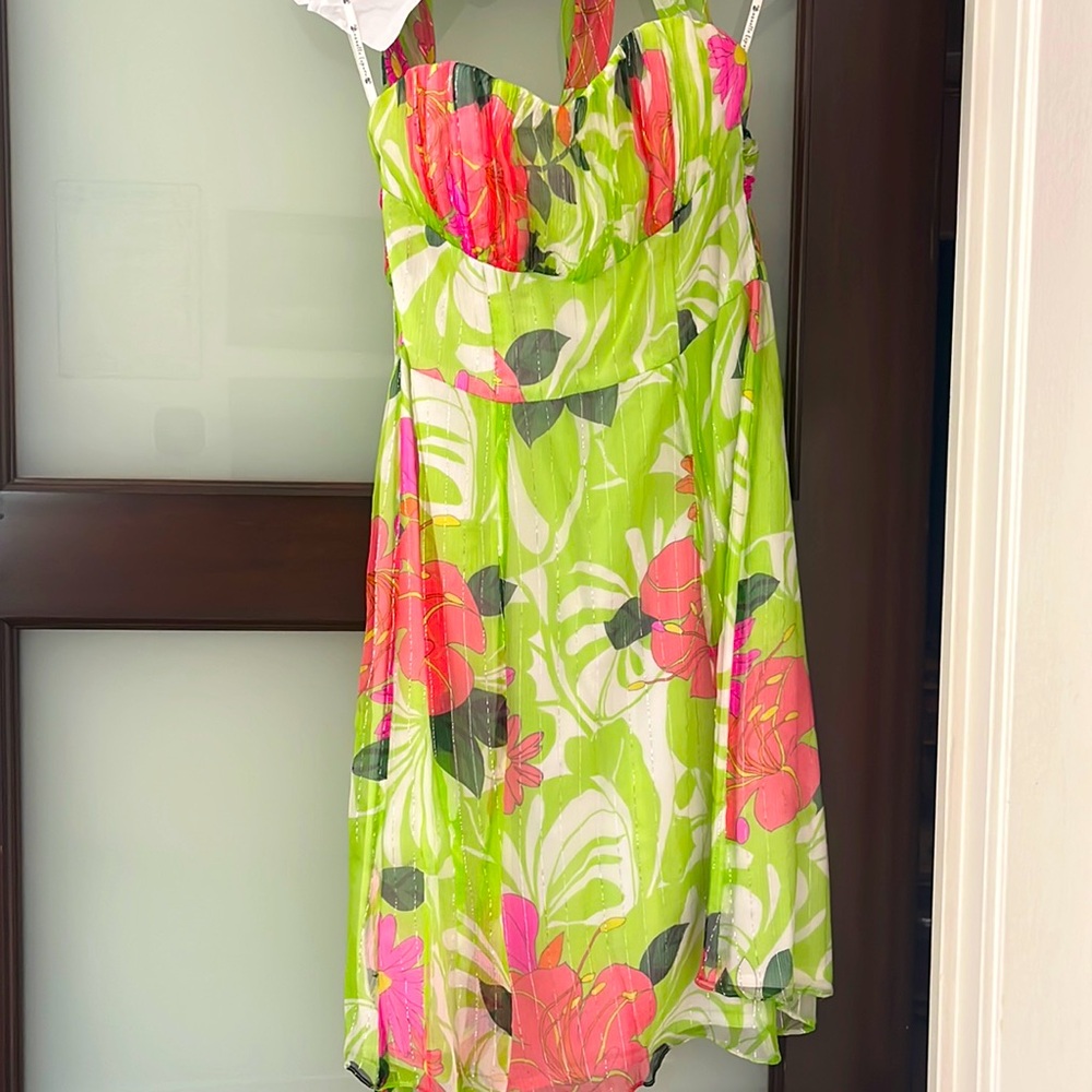 Nanette Lepore strapless chiffon lime green tropical cocktail dress - size 2